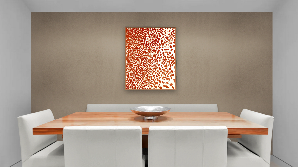 Untitled (Music Series) by Alma Thomas, shown at 30 × 40 in (76.2 × 101.6 cm) on canvas in Arber Raw Oak, dining