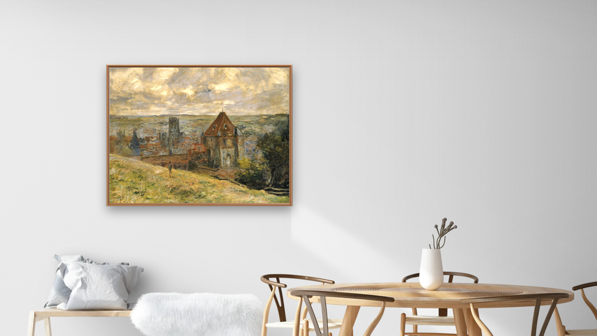 Dieppe by Claude Monet, shown at 32 × 40 in (81.3 × 101.6 cm) on canvas in Arber Raw Oak, dining