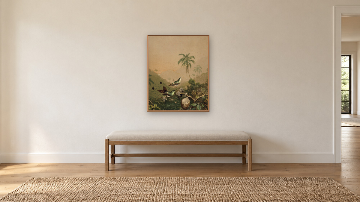 Brazillian Hummingbirds II by Martin Johnson Heade, shown at 32 × 40 in (81.3 × 101.6 cm) on canvas in Arber Raw Oak, hallway
