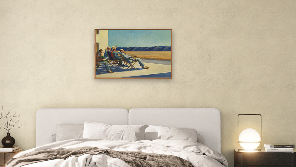 People in the Sun by Edward Hopper, shown at 28 × 42 in (71.1 × 106.7 cm) on canvas in Arber Raw Oak, bedroom