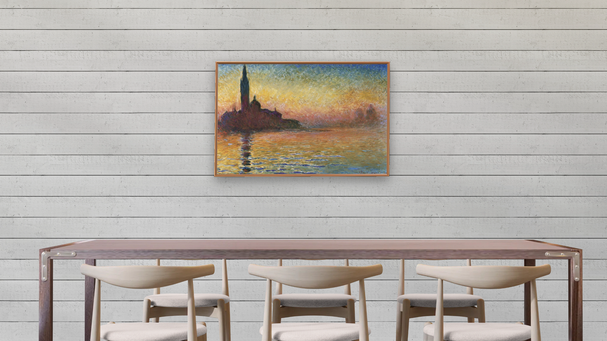San Giorgio Maggiore by Twilight by Claude Monet, shown at 28 × 42 in (71.1 × 106.7 cm) on canvas in Arber Raw Oak, dining