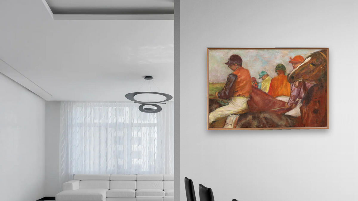 The Jockeys by Edgar Degas, shown at 28 × 42 in (71.1 × 106.7 cm) on canvas in Arber Raw Oak, dining