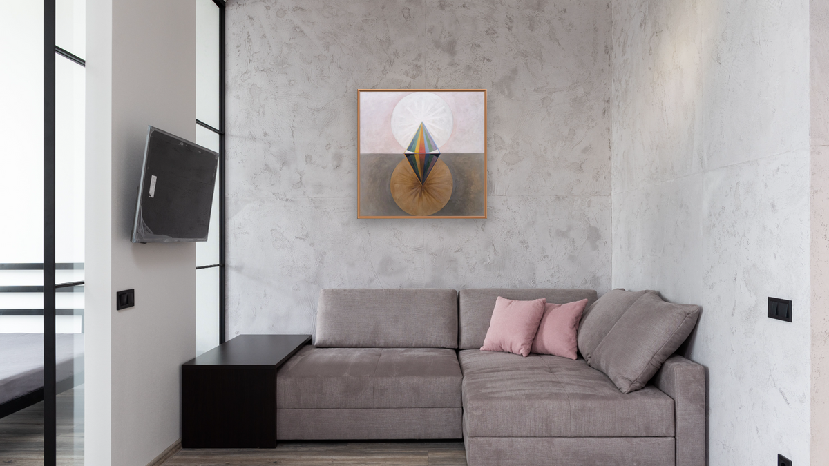 Group IX/SUW, No. 12, The Swan by Hilma af Klint, shown at 32 × 32 in (81.3 × 81.3 cm) on canvas in Arber Raw Oak, media room