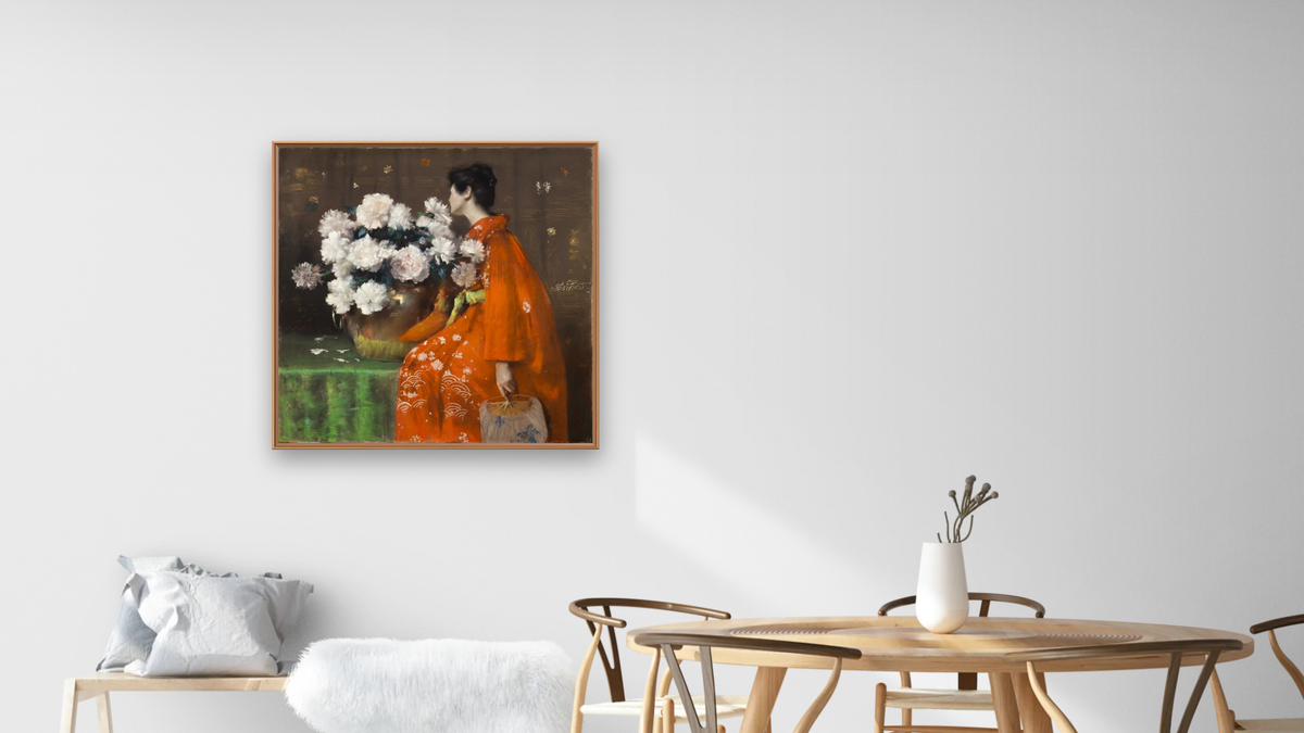 Spring Flowers (Peonies) by William Merritt Chase, shown at 32 × 32 in (81.3 × 81.3 cm) on canvas in Arber Raw Oak, dining