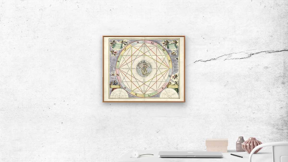 Plate 15 from Harmonia Macrocosmica by Andreas Cellarius, shown at 32 × 40 in (81.3 × 101.6 cm) on canvas in Arber Raw Oak, office