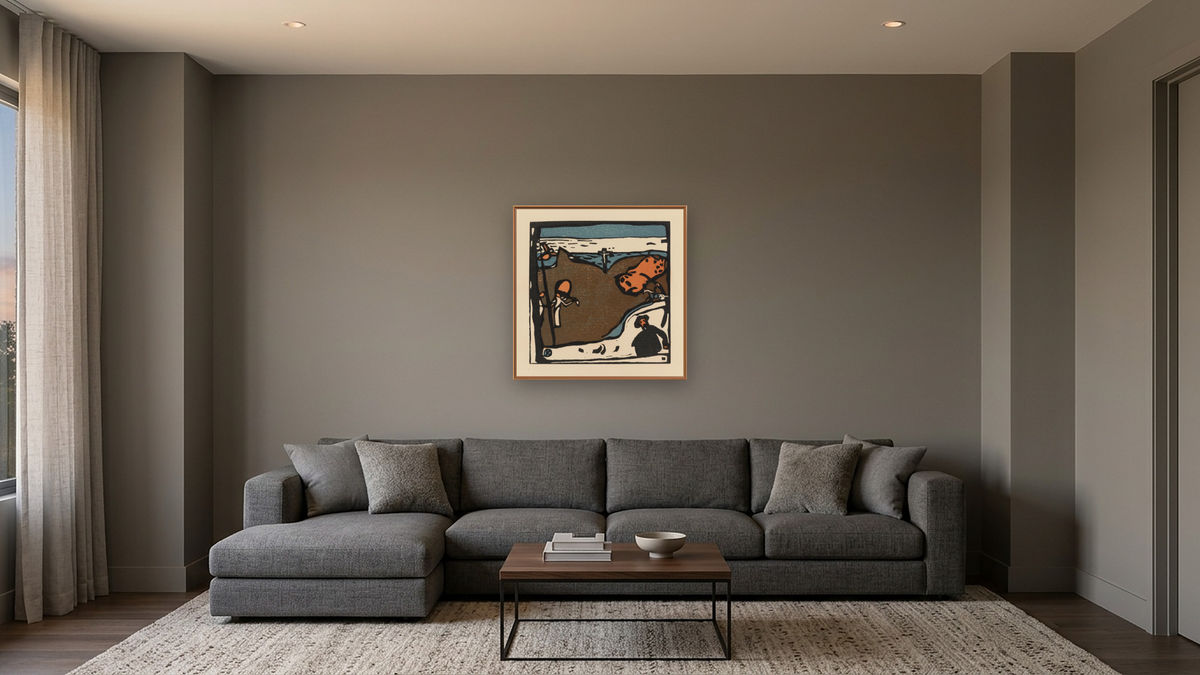 Landscape with Figures and a Crucifix, shown at 32 × 32 in (81.3 × 81.3 cm) on canvas in Arber Raw Oak, media room