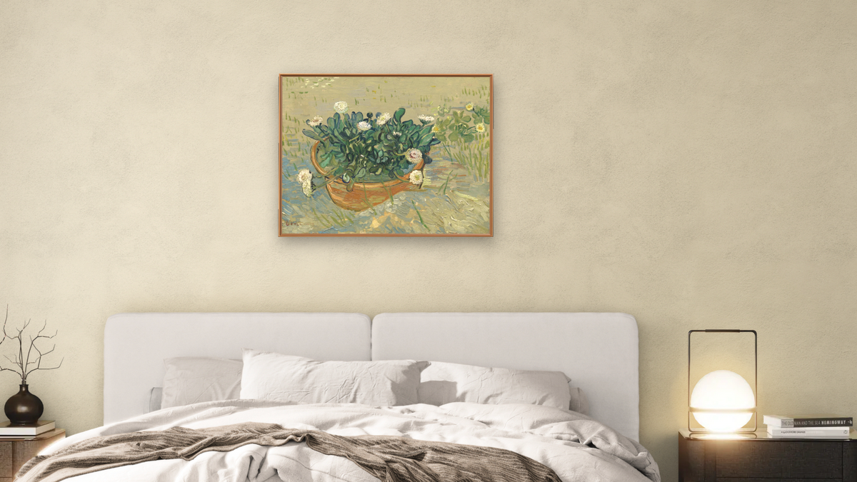 Daisies, Arles by Vincent van Gogh, shown at 32 × 40 in (81.3 × 101.6 cm) on canvas in Arber Raw Oak, bedroom