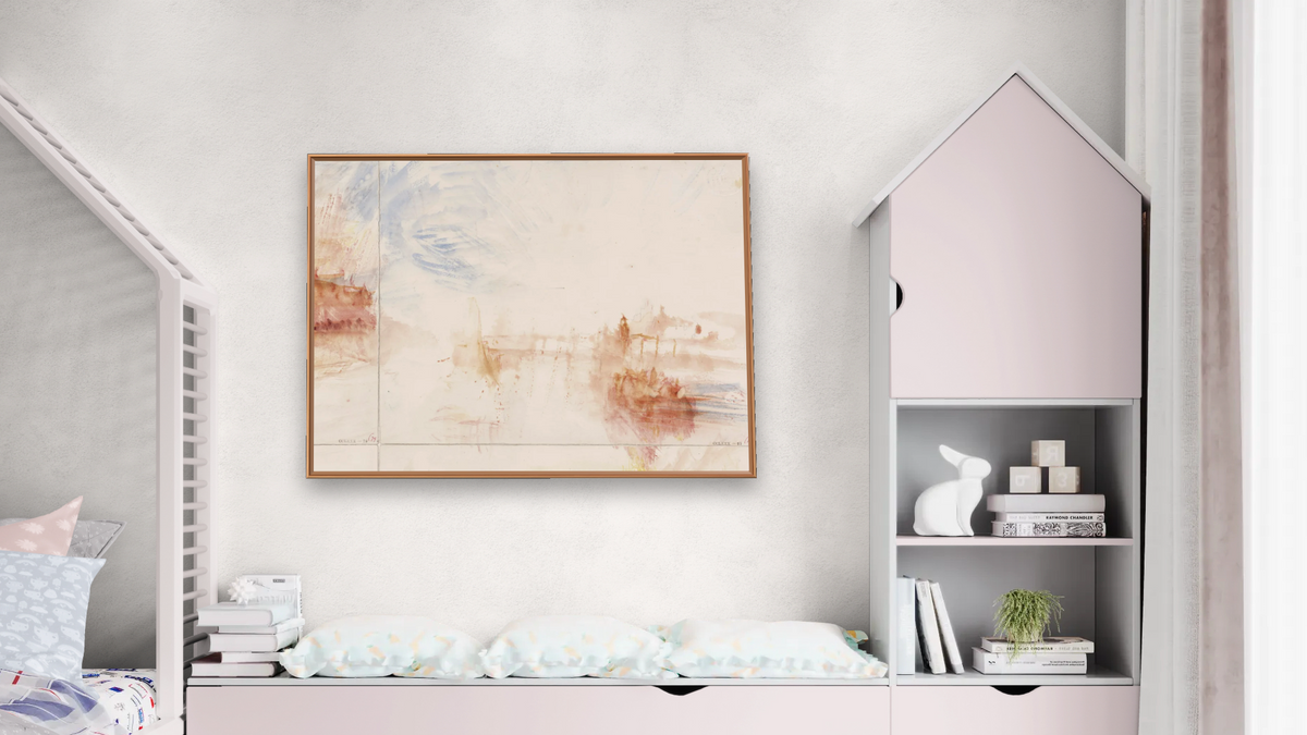 Bridge with Sunlight, possibly Coblenz by Joseph Mallord William Turner, shown at 30 × 40 in (76.2 × 101.6 cm) on canvas in Arber Raw Oak, bedroom