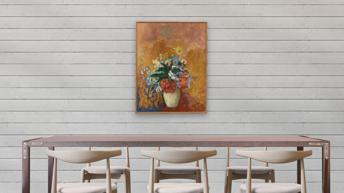 Vase of Flowers by Odilon Redon, shown at 30 × 40 in (76.2 × 101.6 cm) on canvas in Arber Raw Oak, dining