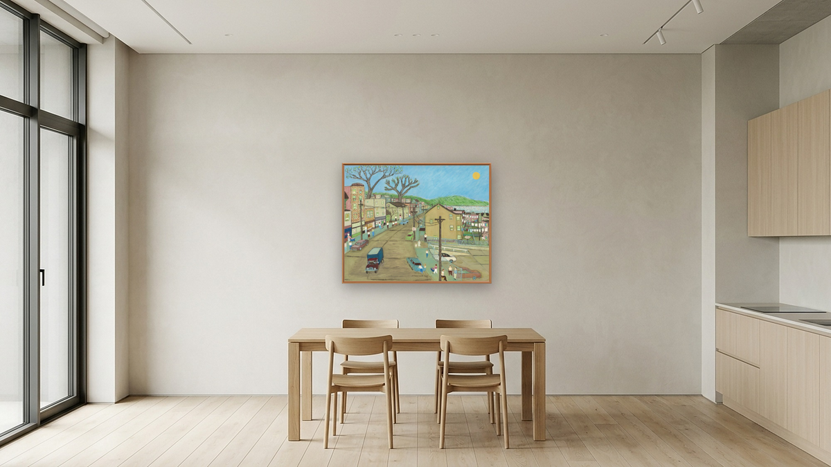 Main Street: Dobbs Ferry by Ralph Fasanella, shown at 32 × 40 in (81.3 × 101.6 cm) on canvas in Arber Raw Oak, kitchen