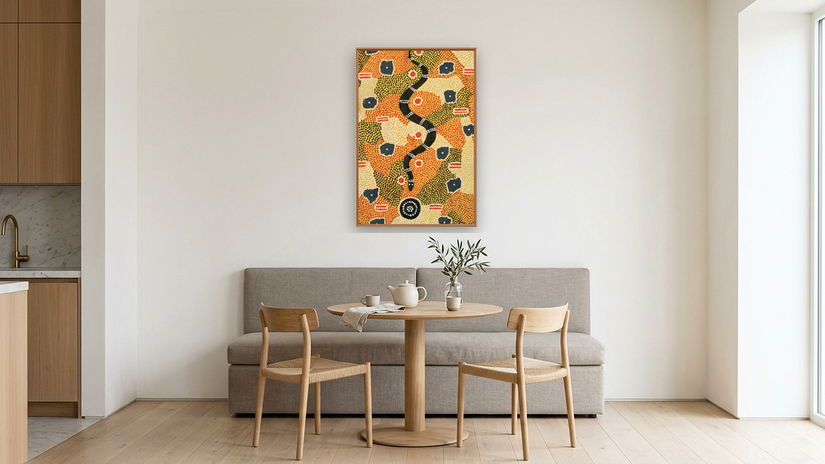 Snake Dreaming by Keith Kaapa Tjangala, shown at 28 × 42 in (71.1 × 106.7 cm) on canvas in Arber Raw Oak, kitchen
