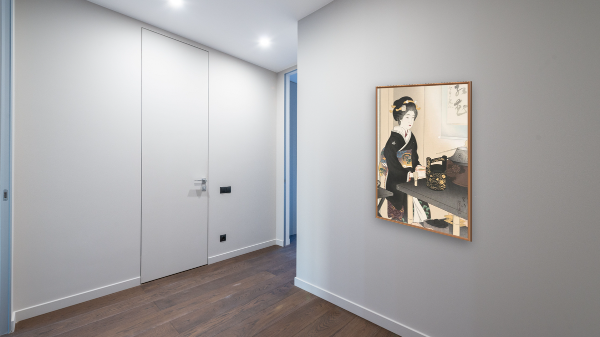 Tea Ceremony at Cherry Dance (Miyako-Odori no Ten-Cha) by Miki Suizan, shown at 28 × 42 in (71.1 × 106.7 cm) on canvas in Arber Raw Oak, hallway