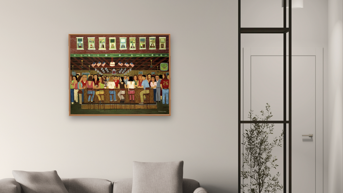 Ferry Inn, Thursday Night by Ralph Fasanella, shown at 32 × 40 in (81.3 × 101.6 cm) on canvas in Arber Raw Oak, living
