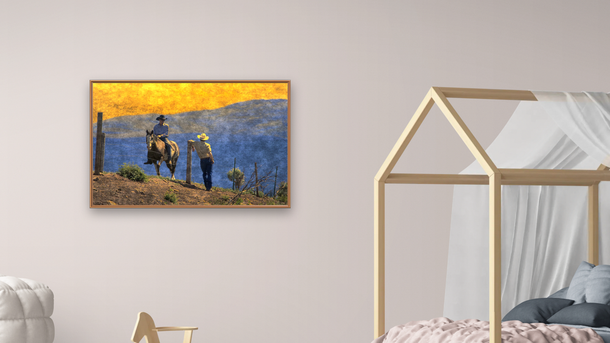 Cowboys by Doug Landreth, shown at 28 × 42 in (71.1 × 106.7 cm) on canvas in Arber Raw Oak, bedroom