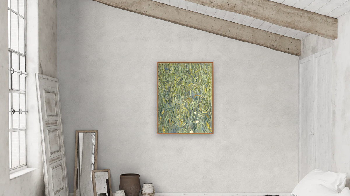 Ears of Wheat by Vincent van Gogh, shown at 30 × 40 in (76.2 × 101.6 cm) on canvas in Arber Raw Oak, bedroom