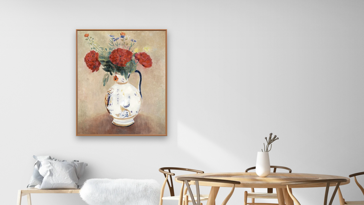 Peonies by Odilon Redon, shown at 32 × 40 in (81.3 × 101.6 cm) on canvas in Arber Raw Oak, dining