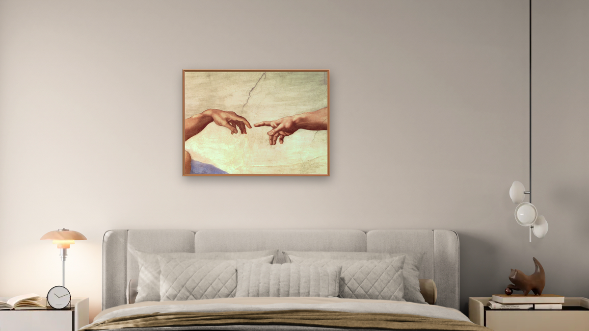 Hands of God and Adam, detail from The Creation of Adam, from the Sistine Ceiling (pre restoration) by Michelangelo Buonarroti, shown at 30 × 40 in (76.2 × 101.6 cm) on canvas in Arber Raw Oak, bedroom