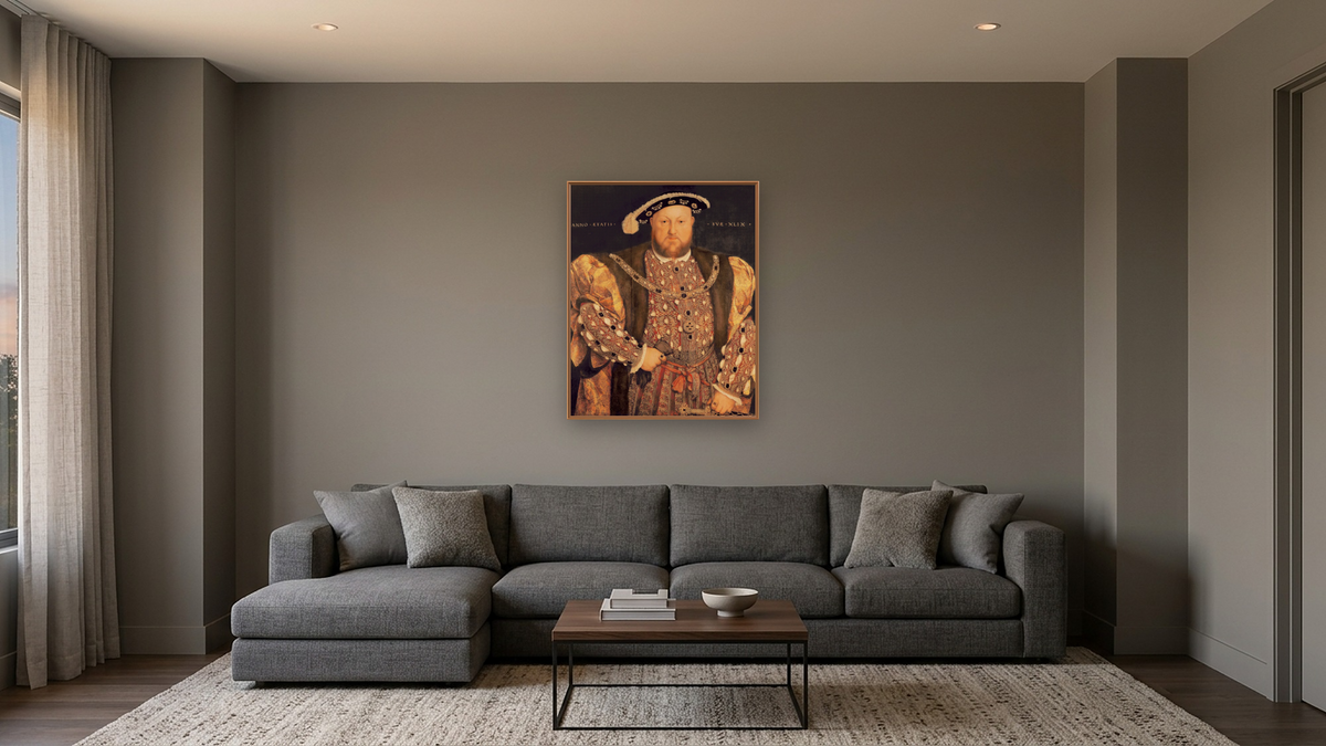 Portrait of Henry VIII (1491-1547) aged 49 by Hans Holbein the Younger, shown at 32 × 40 in (81.3 × 101.6 cm) on canvas in Arber Raw Oak, media room