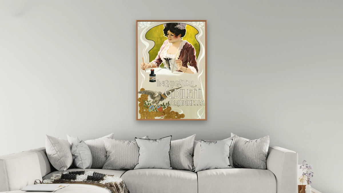 Inchiostri G. Diletti Brisighella Writing Ink Poster, shown at 28 × 42 in (71.1 × 106.7 cm) on canvas in Arber Raw Oak, living