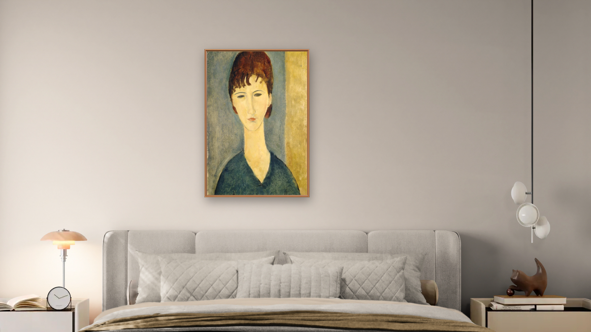 Portrait of a Young Woman by Amedeo Modigliani, shown at 28 × 42 in (71.1 × 106.7 cm) on canvas in Arber Raw Oak, bedroom