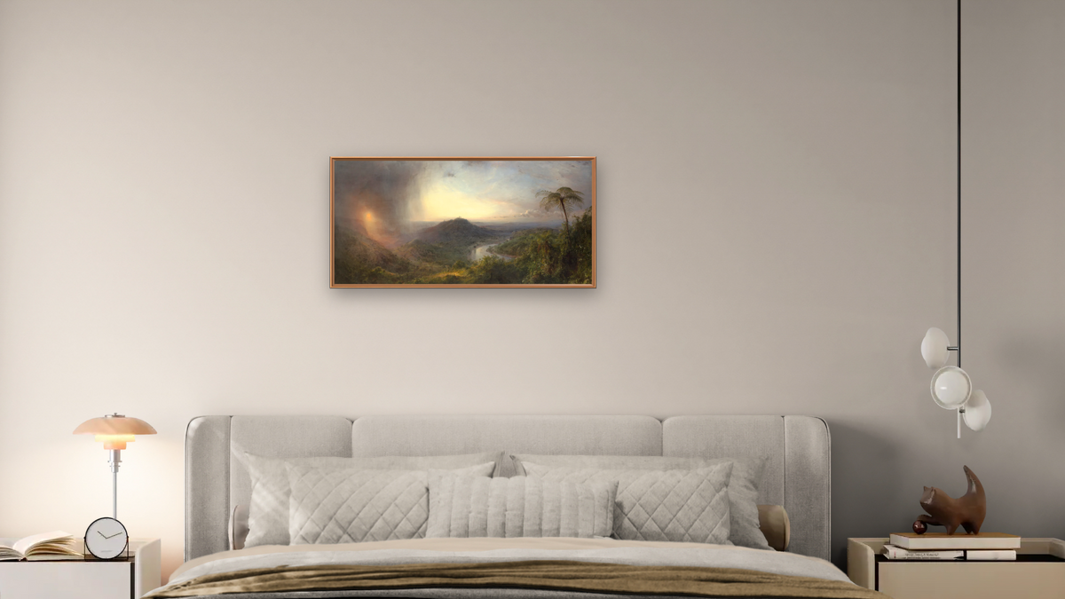 Vale of St. Thomas, Jamaica by Frederic Edwin Church, shown at 20 × 40 in (50.8 × 101.6 cm) on canvas in Arber Raw Oak, bedroom