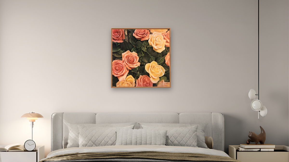 Roses by Kirsten Söderlind, shown at 32 × 32 in (81.3 × 81.3 cm) on canvas in Arber Raw Oak, bedroom