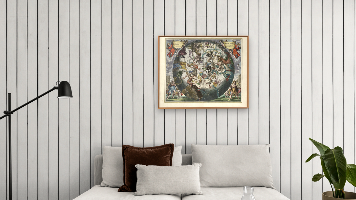 Plate 29 from Harmonia Macrocosmica by Andreas Cellarius, shown at 32 × 40 in (81.3 × 101.6 cm) on canvas in Arber Raw Oak, living