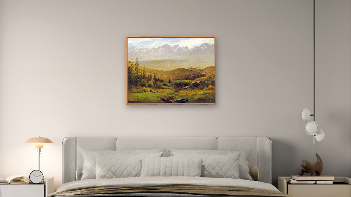 In The Foothills of The Rockies by Albert Bierstadt, shown at 30 × 40 in (76.2 × 101.6 cm) on canvas in Arber Raw Oak, bedroom
