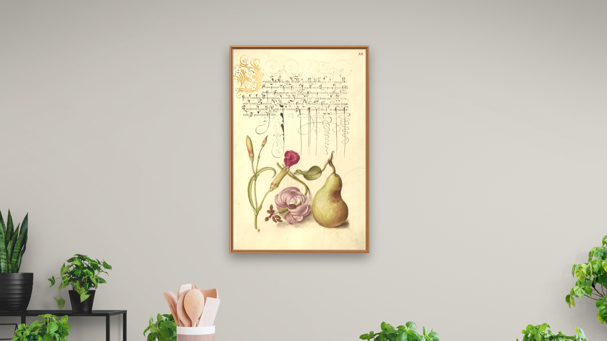Carnation, Martagon Lily, and Pear by Joris Hoefnagel and Georg Bocskay, shown at 28 × 42 in (71.1 × 106.7 cm) on canvas in Arber Raw Oak, dining