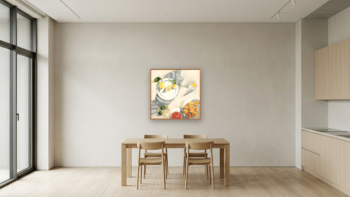 Don't Be Such a Sour Puss, shown at 32 × 32 in (81.3 × 81.3 cm) on canvas in Arber Raw Oak, kitchen