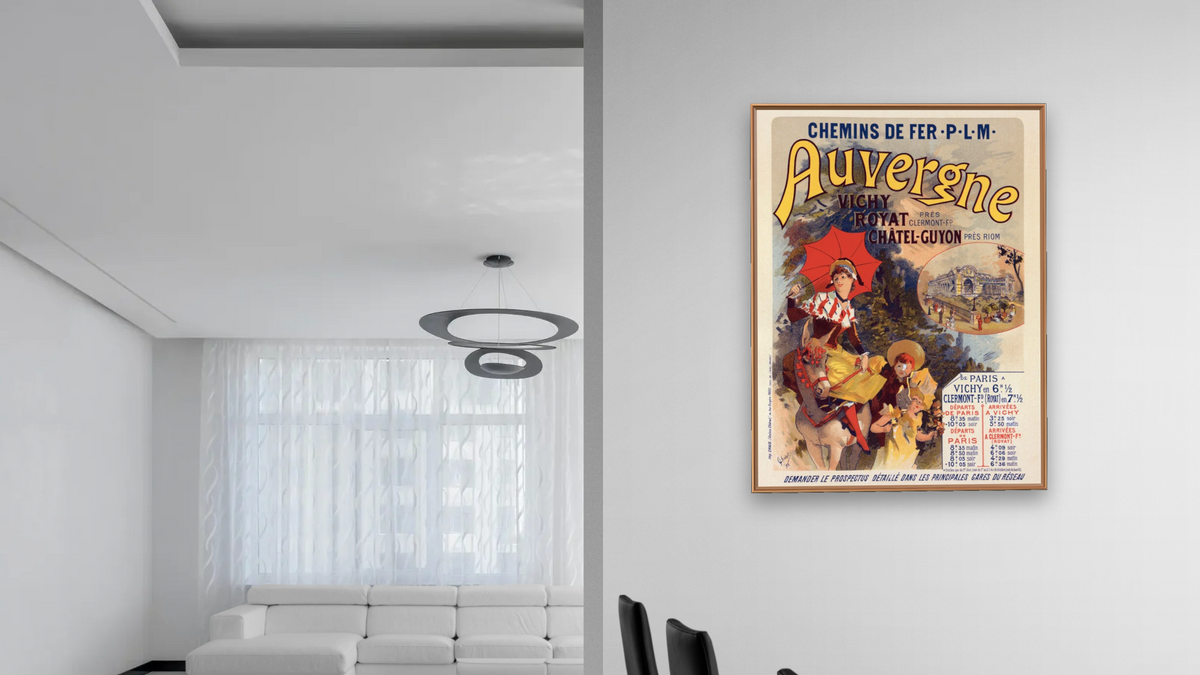 Poster for la Compagnie P.-L.-M. L'Auvergne. Auvergne railway, from Les Maîtres de l'affiche, Volume 4 by Jules Chéret, shown at 30 × 40 in (76.2 × 101.6 cm) on canvas in Arber Raw Oak, dining