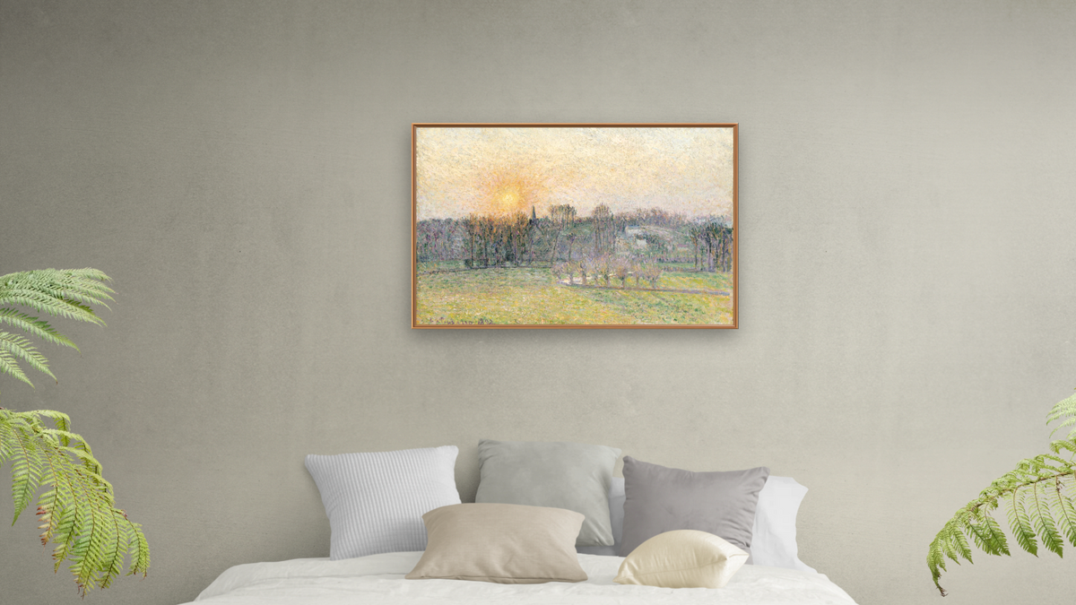 Sunset, Bazincourt by Camille Pissarro, shown at 28 × 42 in (71.1 × 106.7 cm) on canvas in Arber Raw Oak, bedroom