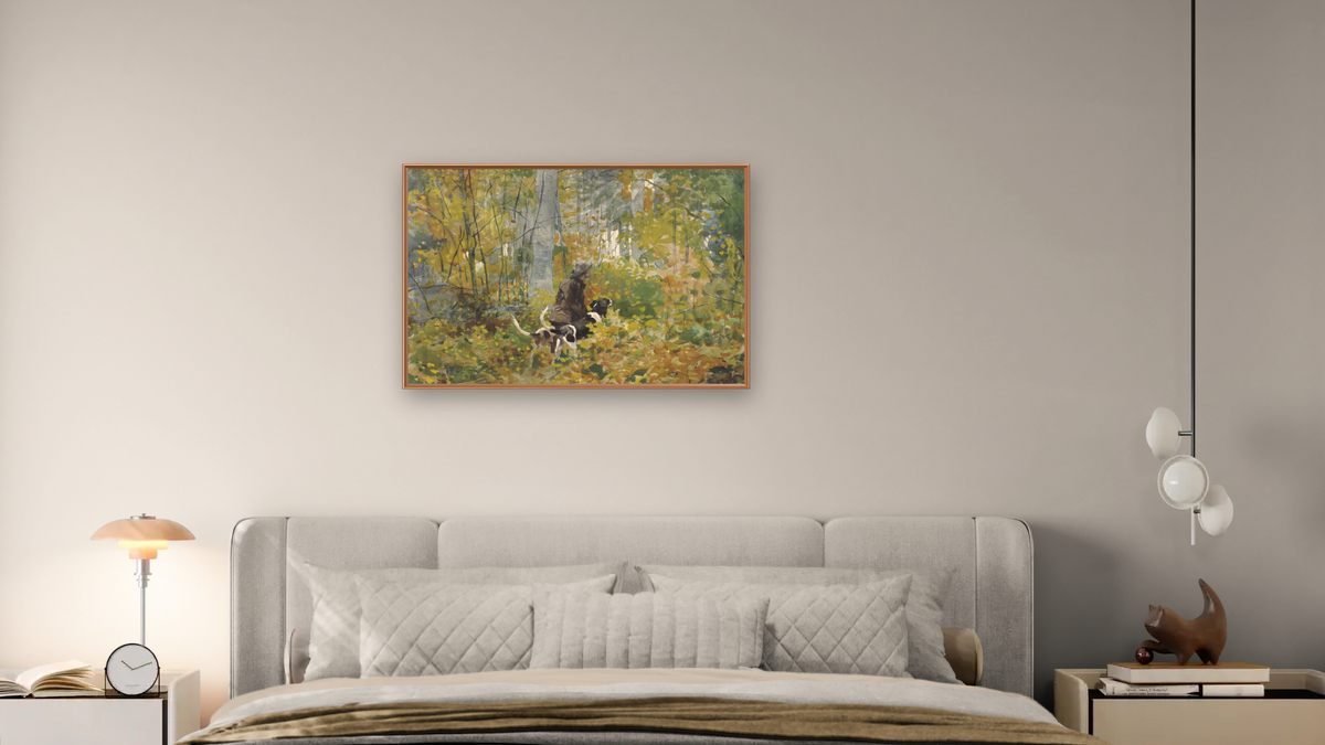 On the Trail by Winslow Homer, shown at 28 × 42 in (71.1 × 106.7 cm) on canvas in Arber Raw Oak, bedroom
