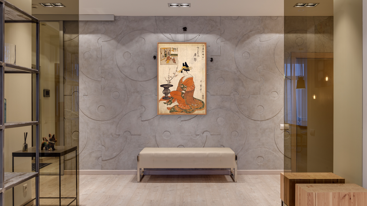 The Courtesan Karakoto by Kitagawa Utamaro, shown at 28 × 42 in (71.1 × 106.7 cm) on canvas in Arber Raw Oak, hallway