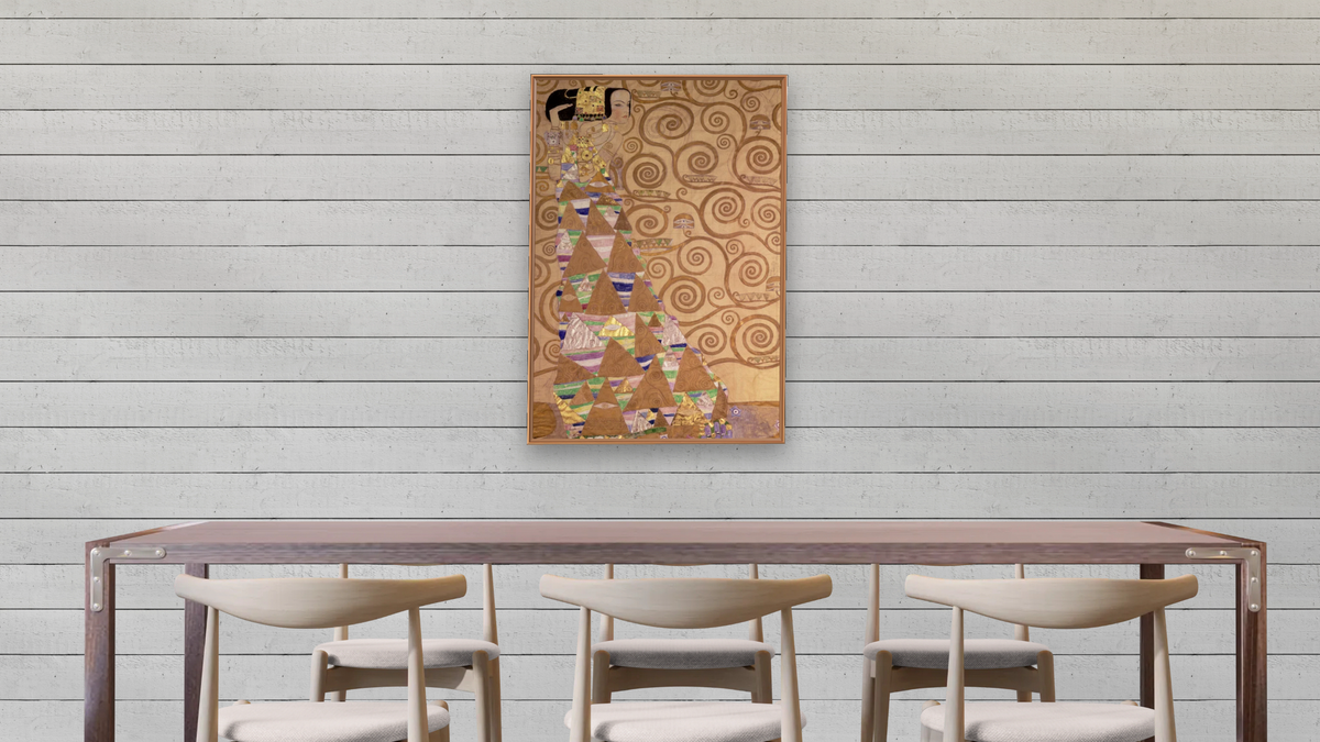 Expectation, preparatory cartoon for the Stoclet Frieze, 1905-1909 by Gustav Klimt, shown at 28 × 42 in (71.1 × 106.7 cm) on canvas in Arber Raw Oak, dining