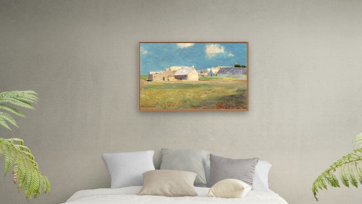 Breton Village by Odilon Redon, shown at 28 × 42 in (71.1 × 106.7 cm) on canvas in Arber Raw Oak, bedroom