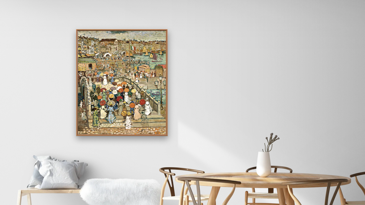 Ponte della Paglia by Maurice Brazil Prendergast, shown at 32 × 40 in (81.3 × 101.6 cm) on canvas in Arber Raw Oak, dining