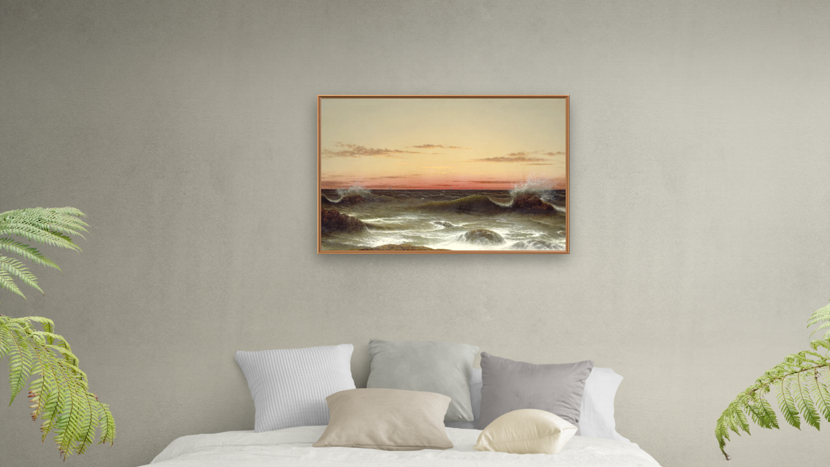 Seascape: Sunset by Martin Johnson Heade, shown at 28 × 42 in (71.1 × 106.7 cm) on canvas in Arber Raw Oak, bedroom