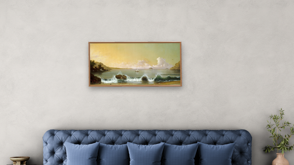 Rio de Janeiro Bay by Martin Johnson Heade, shown at 20 × 40 in (50.8 × 101.6 cm) on canvas in Arber Raw Oak, bedroom