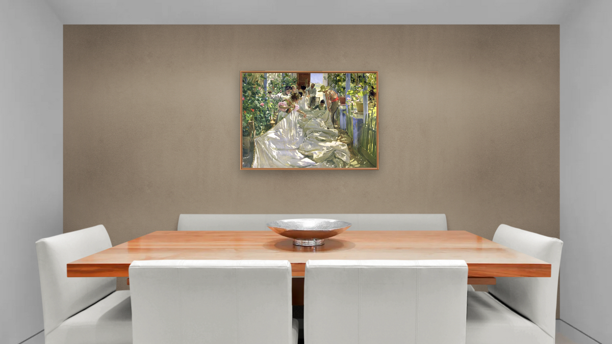 Mending the Sail by Joaquin Sorolla y Bastida, shown at 30 × 40 in (76.2 × 101.6 cm) on canvas in Arber Raw Oak, dining