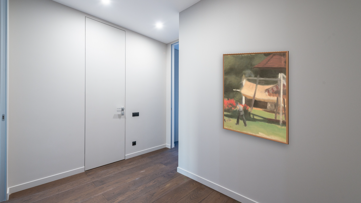 Tea Gardens by Clarice Beckett, shown at 32 × 40 in (81.3 × 101.6 cm) on canvas in Arber Raw Oak, hallway