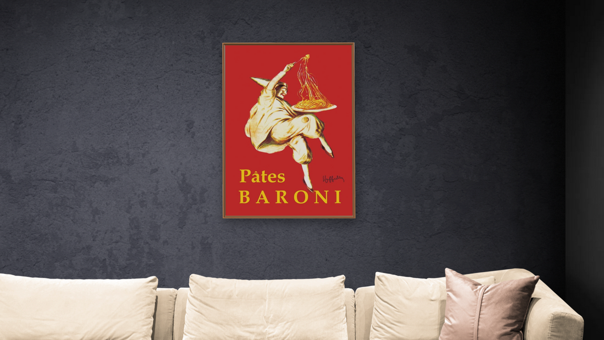 Pates Baroni advertisement poster by Leonetto Cappiello, shown at 28 × 42 in (71.1 × 106.7 cm) on canvas in Arber Raw Oak, living
