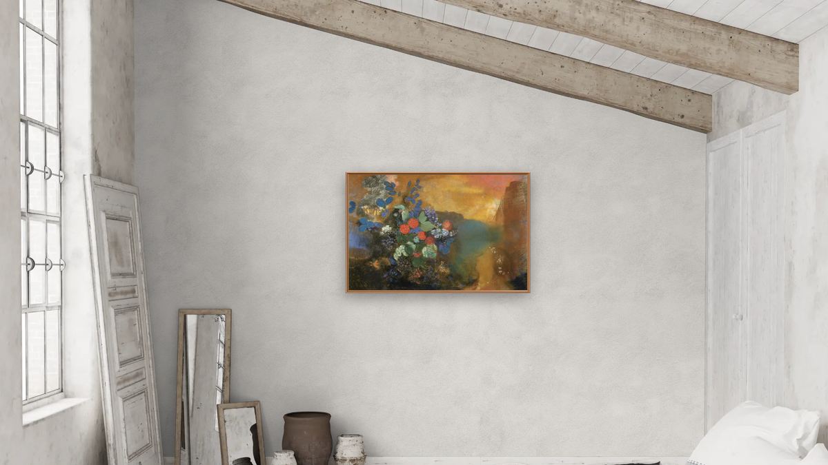 Ophelia Among the Flowers by Odilon Redon, shown at 28 × 42 in (71.1 × 106.7 cm) on canvas in Arber Raw Oak, bedroom