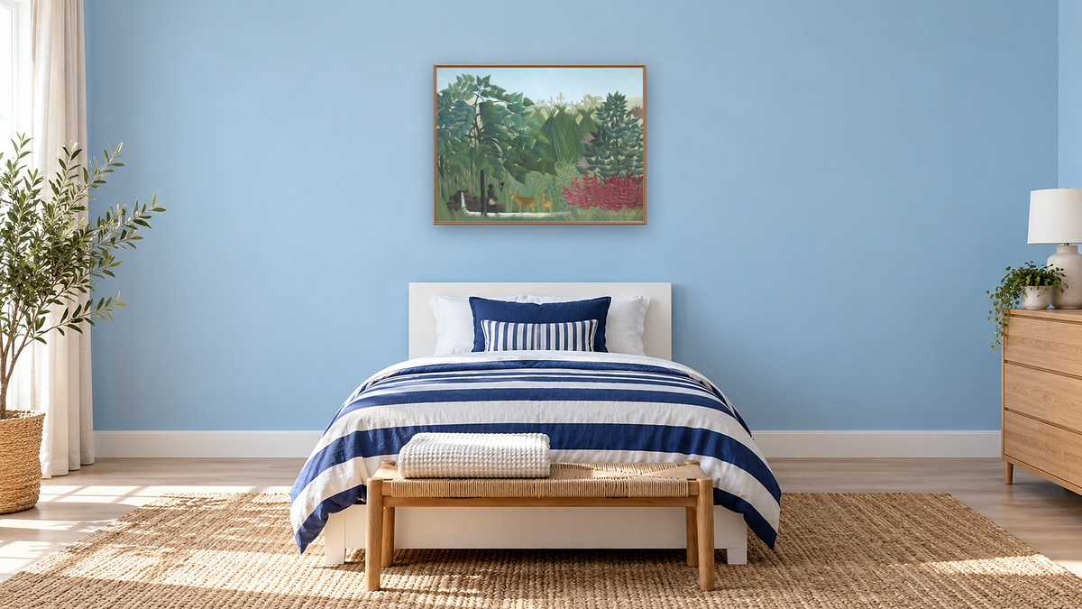 The Waterfall by Henri Rousseau, shown at 30 × 40 in (76.2 × 101.6 cm) on canvas in Arber Raw Oak, kids' room