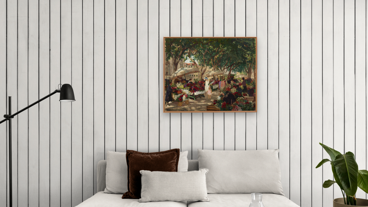 Flower Market, Nice by Ethel Carrick, shown at 32 × 40 in (81.3 × 101.6 cm) on canvas in Arber Raw Oak, living