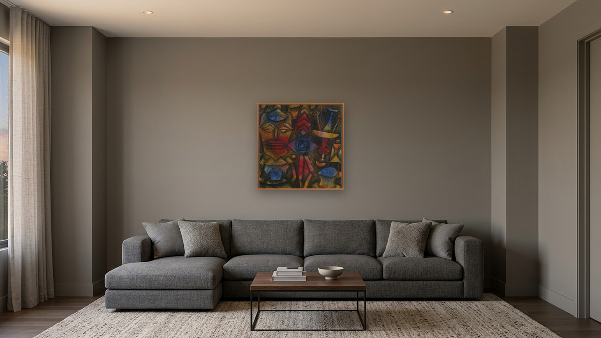 Collection of Figurines by Paul Klee, shown at 32 × 32 in (81.3 × 81.3 cm) on canvas in Arber Raw Oak, media room