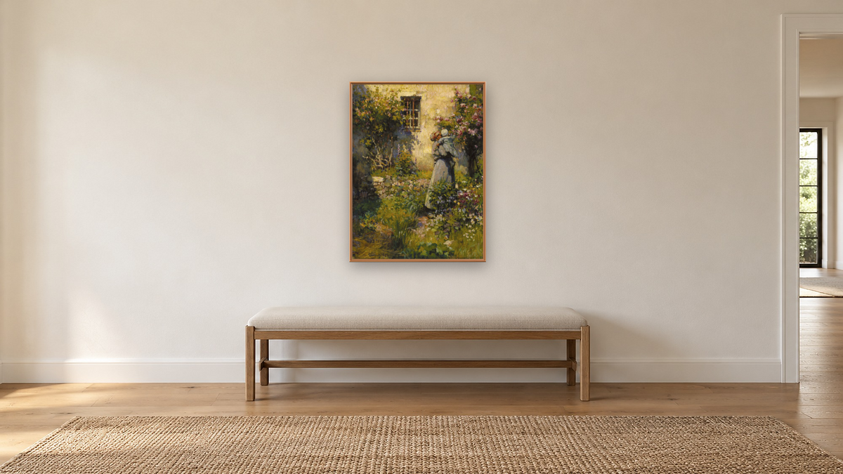 Jardin de paysanne (Peasant Garden) by Robert William Vonnoh, shown at 30 × 40 in (76.2 × 101.6 cm) on canvas in Arber Raw Oak, hallway