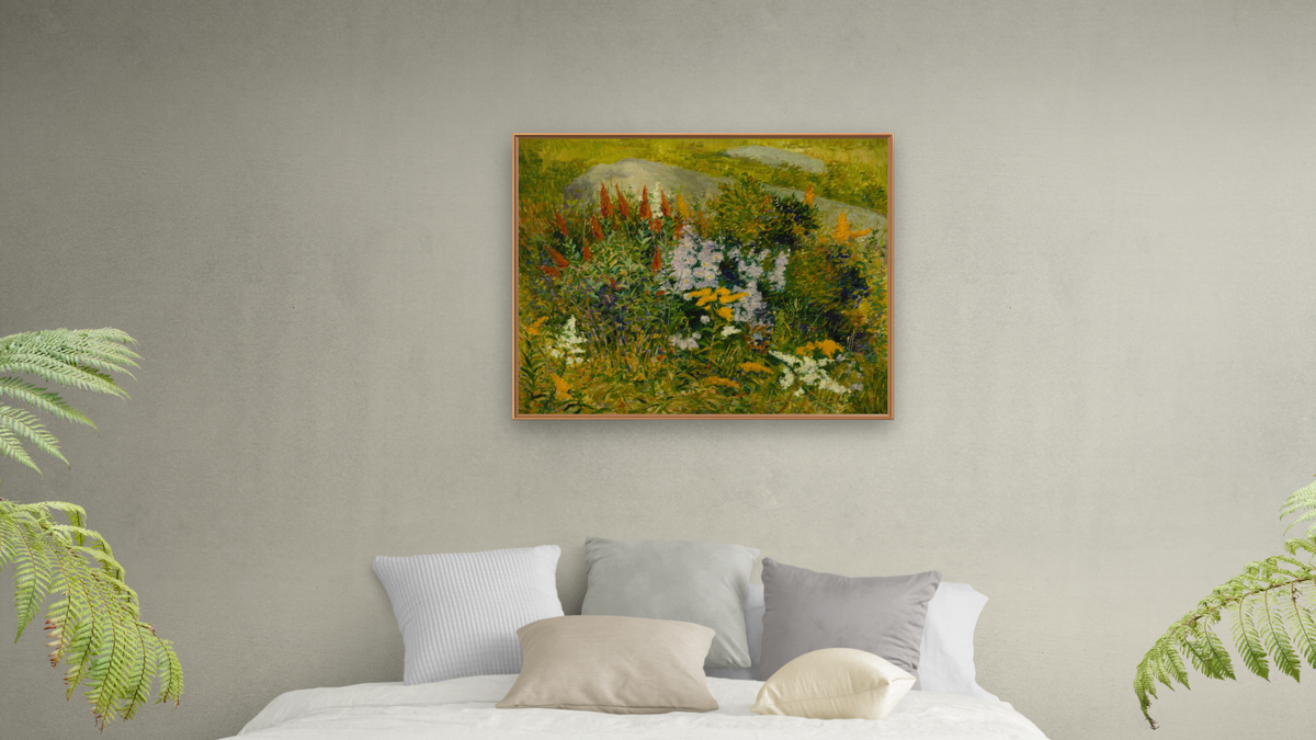A Bit of Detail by John Leslie Breck, shown at 32 × 40 in (81.3 × 101.6 cm) on canvas in Arber Raw Oak, bedroom