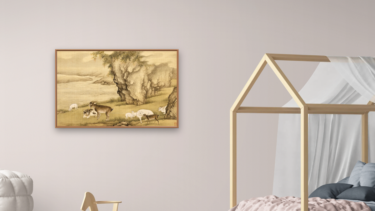 Album of Birds and Animals (Sheep and Goats) by Shen Nanpin, shown at 28 × 42 in (71.1 × 106.7 cm) on canvas in Arber Raw Oak, bedroom