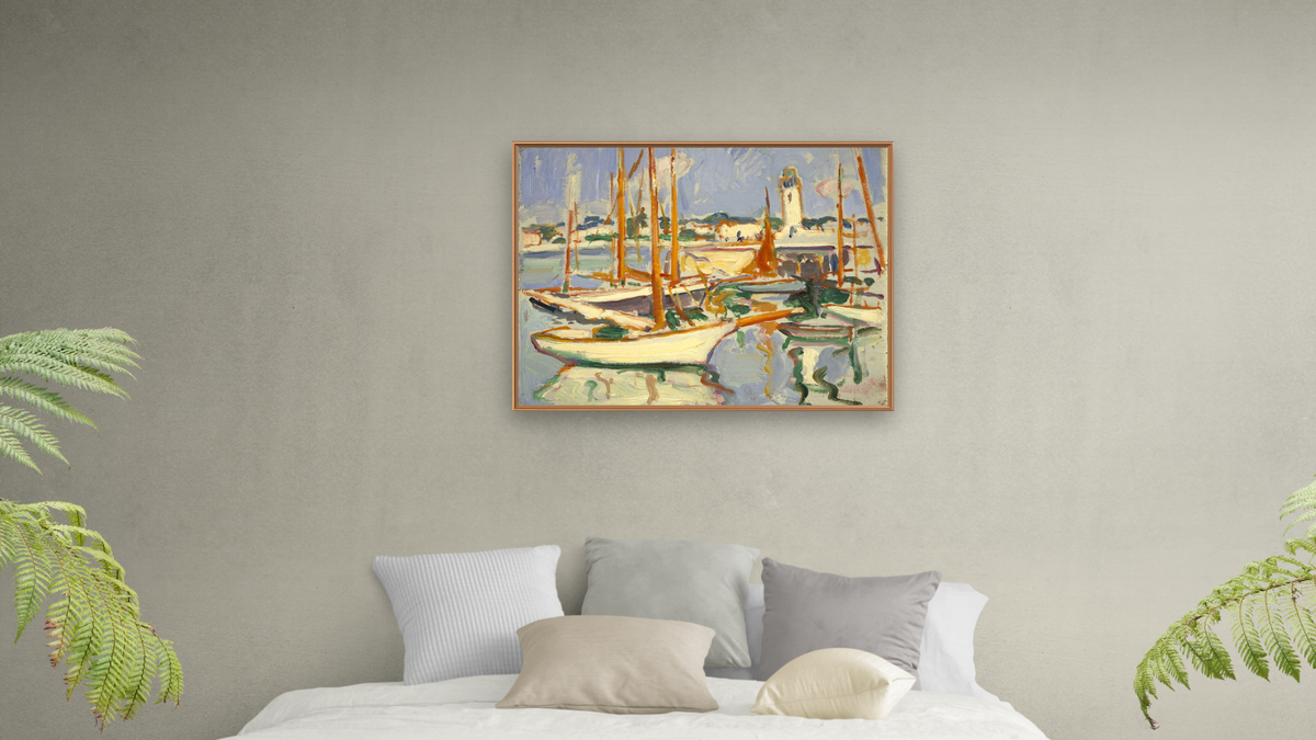 Boats at Royan by Samuel John Peploe, shown at 30 × 40 in (76.2 × 101.6 cm) on canvas in Arber Raw Oak, bedroom